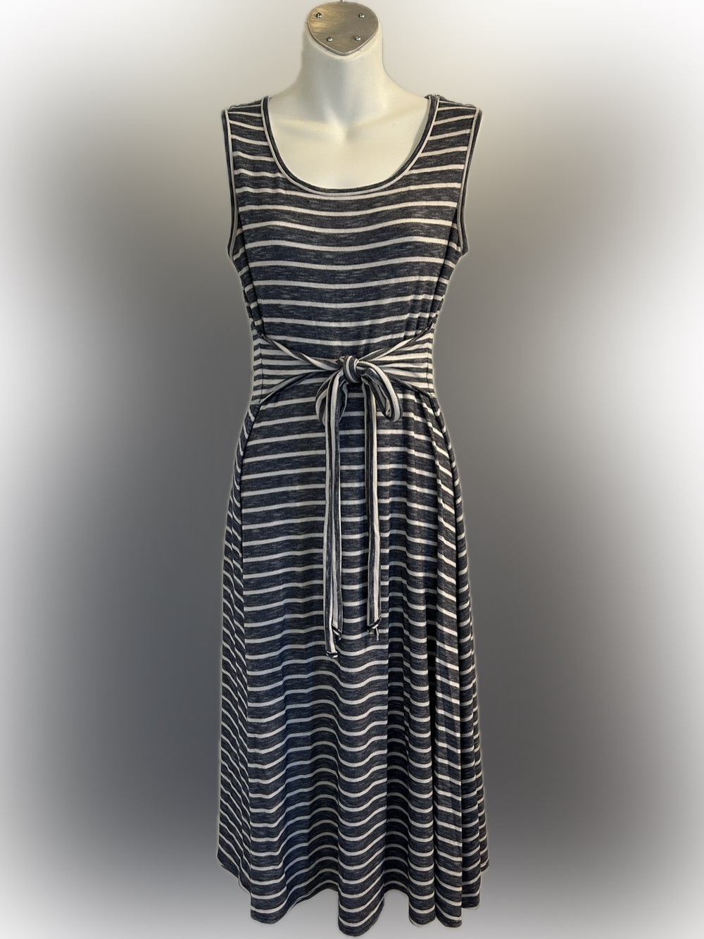 Sleeveless Navy and White Striped Tie-Front Midi Dress - Picture 1 of 4